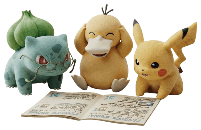 Bulbasaur, Psyduck e Pikachu a ler o Psyduck Jornal